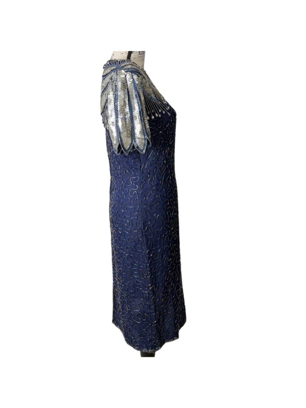 Vtg Laurence Kazar Women Size S Beaded Sequin Cocktail Dress Navy Blue Silk 80s - Picture 3 of 7